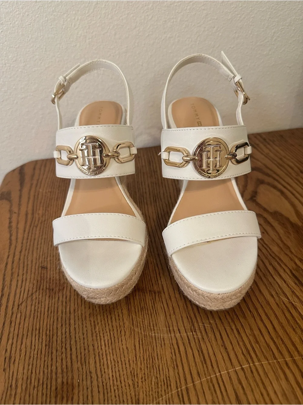 Tommy Hilfiger White Espadrille Wedge Sandals with Gold Accent